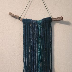 Boho Teal Mixed Fiber Art Wall Hanging